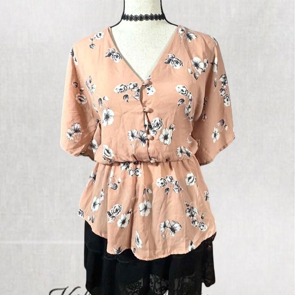 Boho Feminine Flowy Floral Soft Pink Blouse with Button Closure
